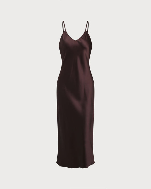 Kahverengi Saten Slip Uzun Elbise
