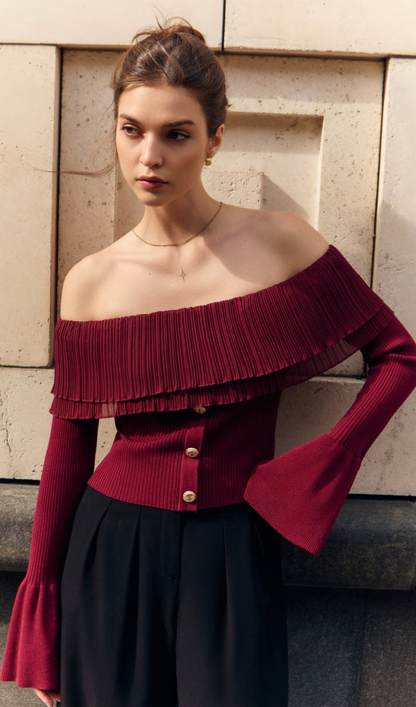 Flier Starplez Fırfır Düğme Detay Üst - Bordo