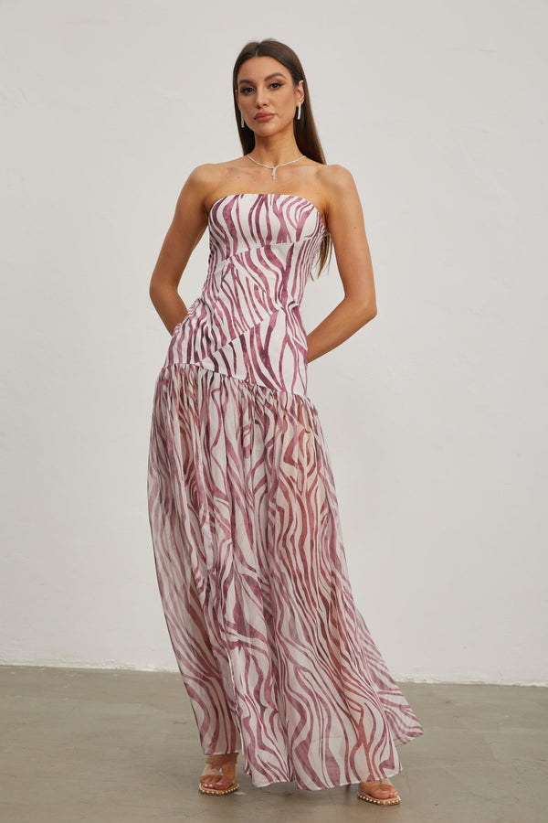 Giselle Rose Zebra Desenli Straplez Uzun Elbise