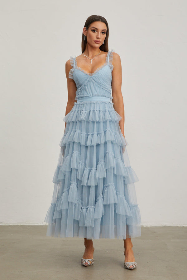 Norène Azure Ruffled Tül Uzun Elbise