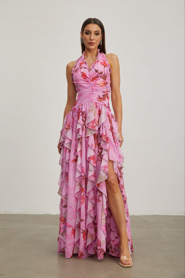 Eulalie Pembe Petal Ruffled Halter Uzun Elbise
