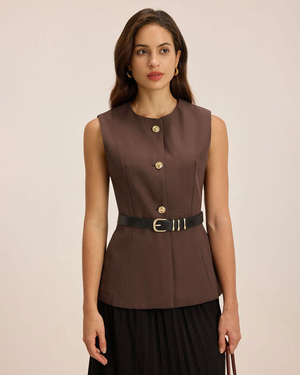 Kahverengi Yuvarlak Yaka Düğmeli Yelek