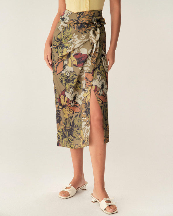 Haki Çiçekli Yüksek Bel Sarma Midi Etek