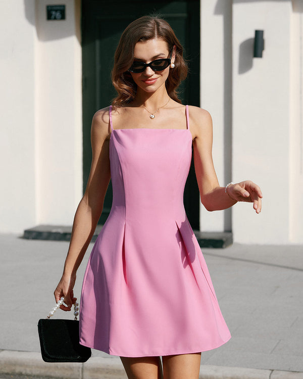Pembe Kare Yakalı Mini Elbise