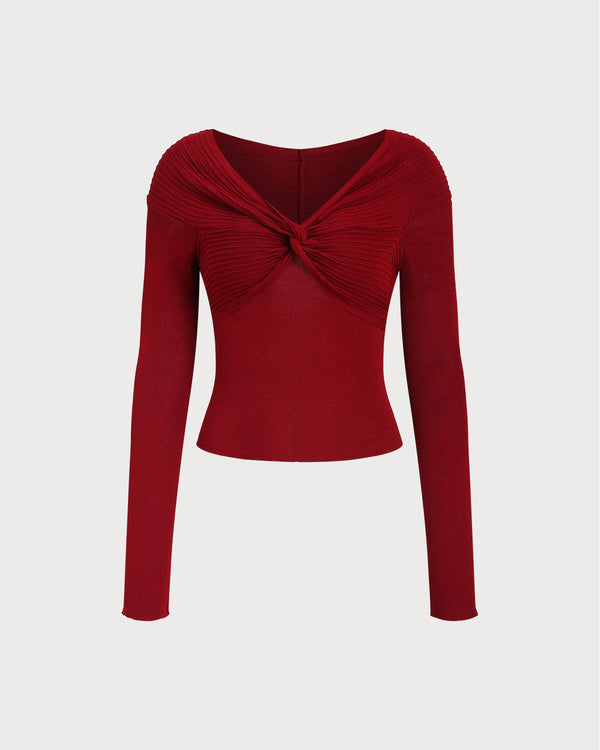 Kırmızı V Yaka Bükülmüş Örgü Tişört