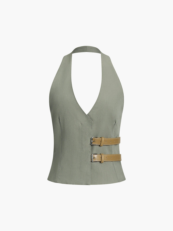 Halter Yaka Sırtı Açık Dokuma Bluz