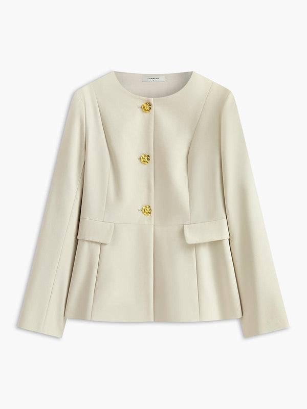 Altın Gül Düğme Detaylı Krem Renk Blazer Ceket
