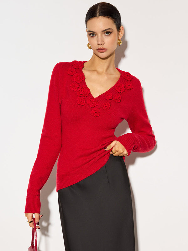 V Yaka 3D Çiçekli Skinny Örgü Üst