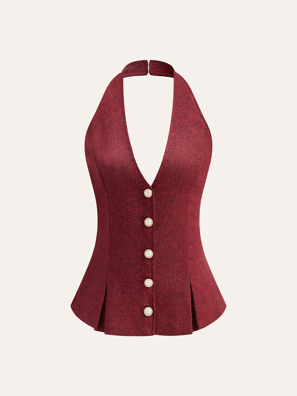 Şık Halter Yaka Üst, Zarif İnci Düğmeli