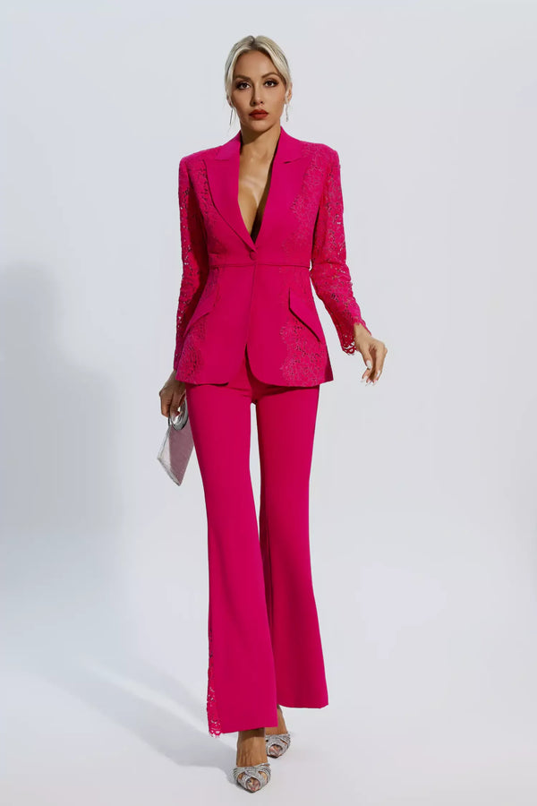 Emory Rose Kırmızı Çiçekli Dantel Blazer Takımı