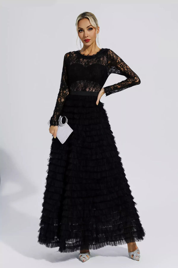 Jayleen Siyah Hollow Lace A Kesim Uzun Elbise