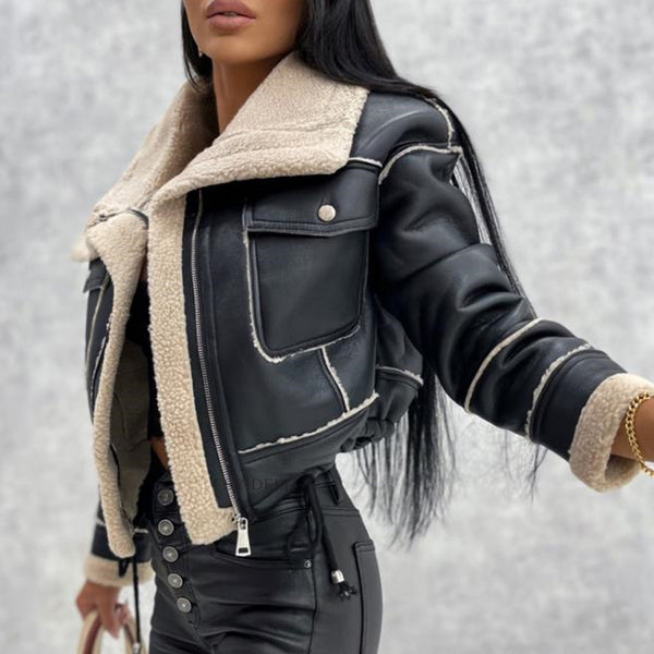 Siyah Shearling Deri Mont