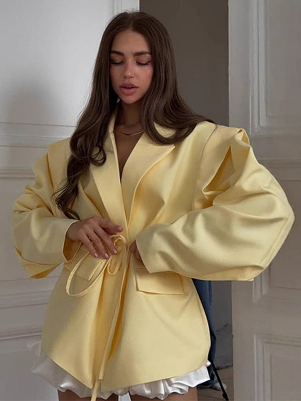 Kemer Detaylı Oversize Sarı Blazer