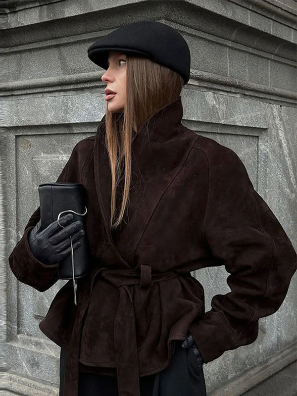 Kemerli Süet Görünümlü Kadın Ceket