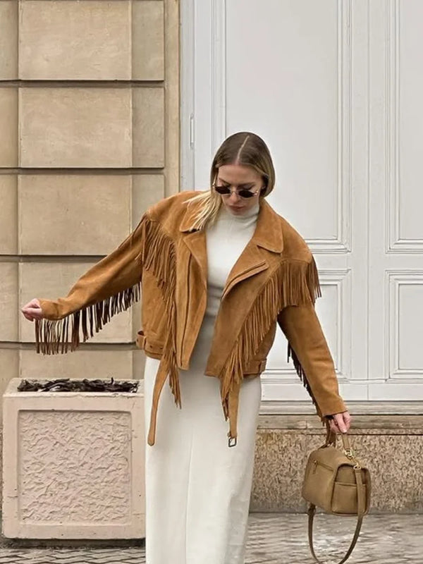 Karamel Püsküllü Süet Ceket