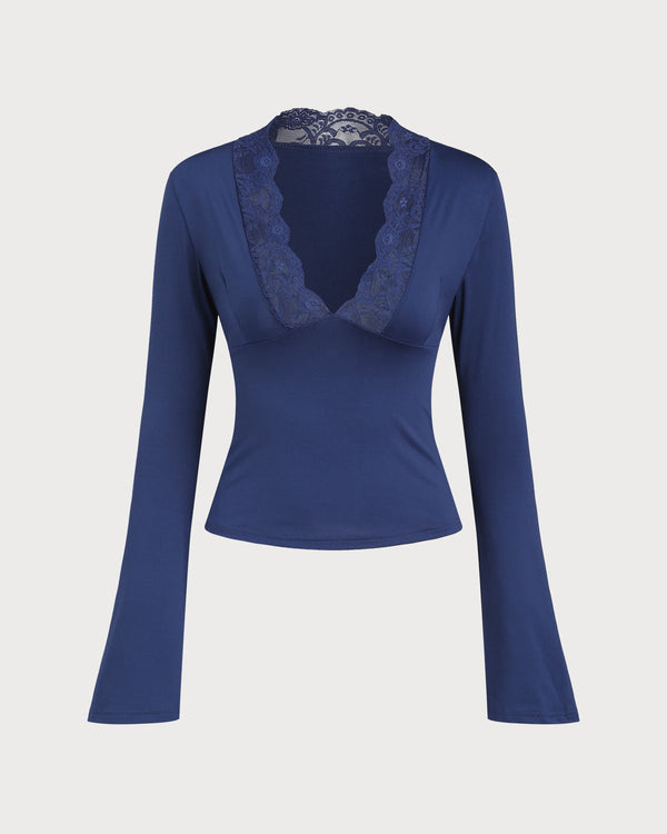 Mavi V Yaka Dantel Çan Kollu Tişört