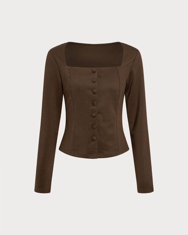 Kahverengi Kare Yaka Düğmeli Bluz