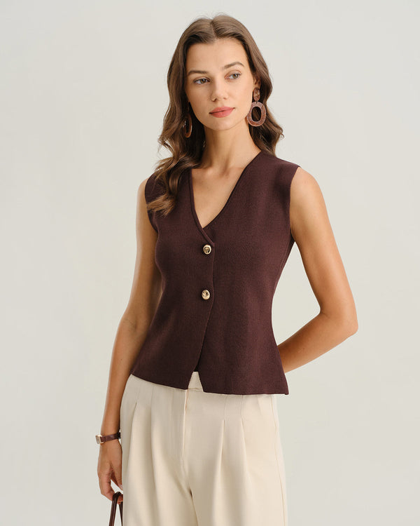 Kahverengi V Yaka Düğmeli Hırka