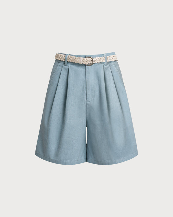Mavi Büzgülü Kemerli Şort