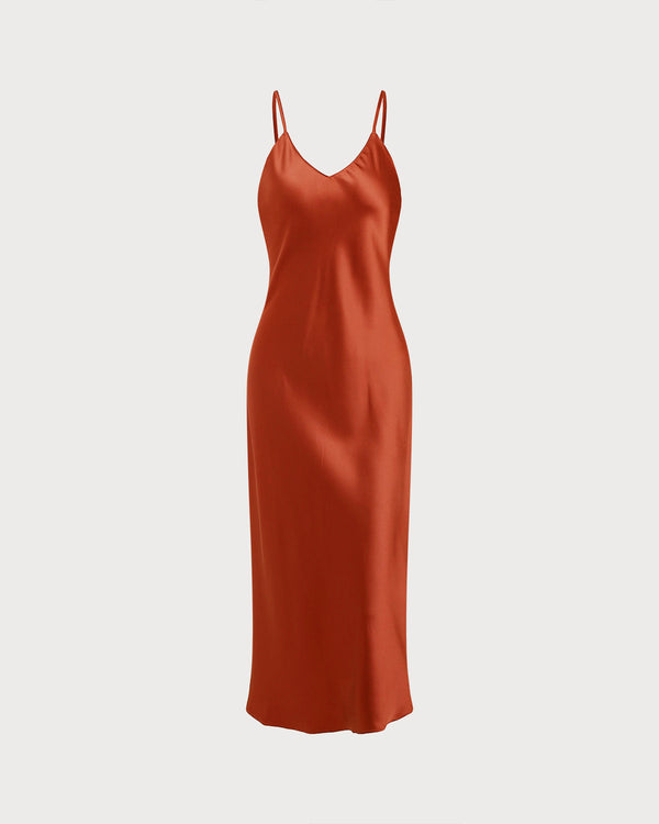 Tuğla Kırmızısı Saten Slip Uzun Elbise